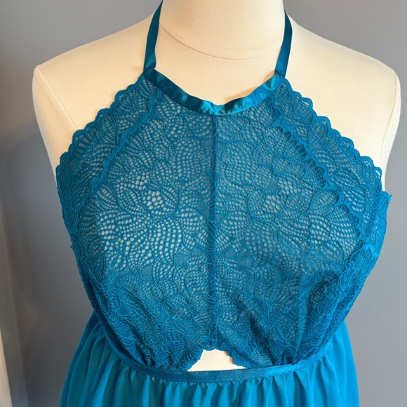 Cacique Teal Lace-Trim Halter Chemise - Picture 3 of 5